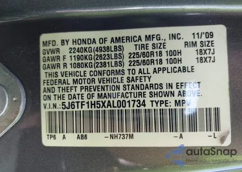 2010 Honda Accord Crosstour Ex-L z USA, uszkodzony, nr VIN 5J6TF1H5XAL001734